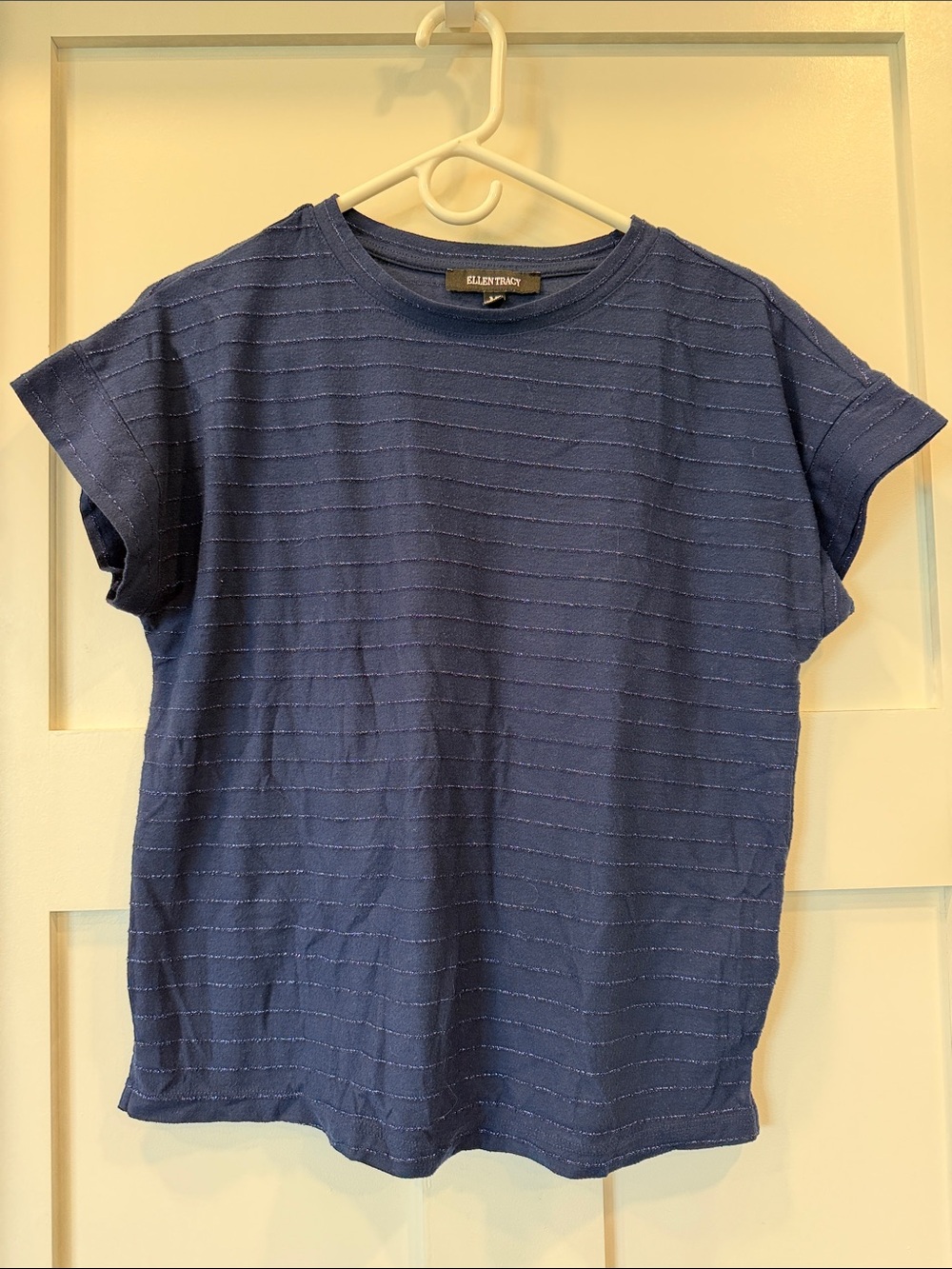 Eileen Fisher Navy Short-Sleeve Knit Tee with Subtle Stripe Texture